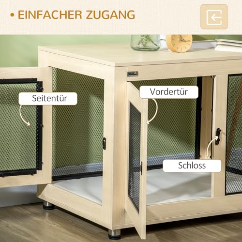 PawHut Hundekäfig Möbel mit 2 Türen waschbaren Kissen Moderne Stahl Hundebox für Zuhause Indoor Hundehütte für große Hunde bis zu 30 kg Hundehaus 94x60x71,5 cm Eiche