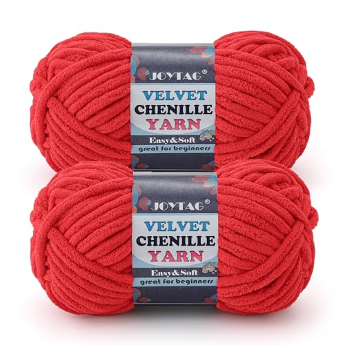 Image of 2 Pack Chunky Chenille Yarn for Crocheting and Knitting Beginners,Thick Bulky Plush Fluffy Velvet Soft Baby Blanket Crochet Chenille Yarn for Crocheting Blankets /Amigurumi /DIY Crafts(Red