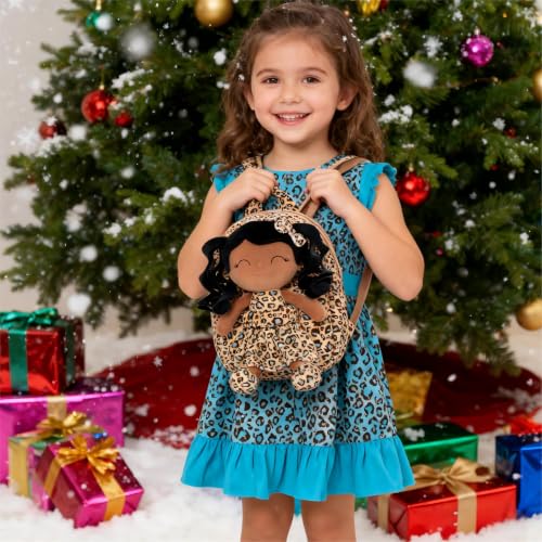 Image of Gloveleya Toddler Backpack Baby Girl Gifts Curly Hair Plush Figures Dress Backpack Kids Backpack Curly Hair Spring Girl - Black Leopard 9inches