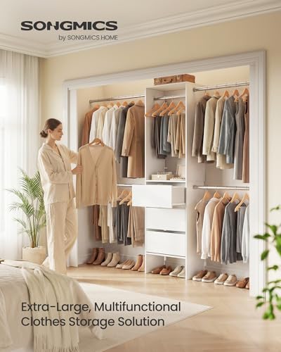 Image of SONGMICS Closet System, Customizable Walk-In Closet Organizer System with Adjustable Hanging Rods and Drawers, White, Fits Spaces 4-9.6 ft Wide URGR042WZ01S