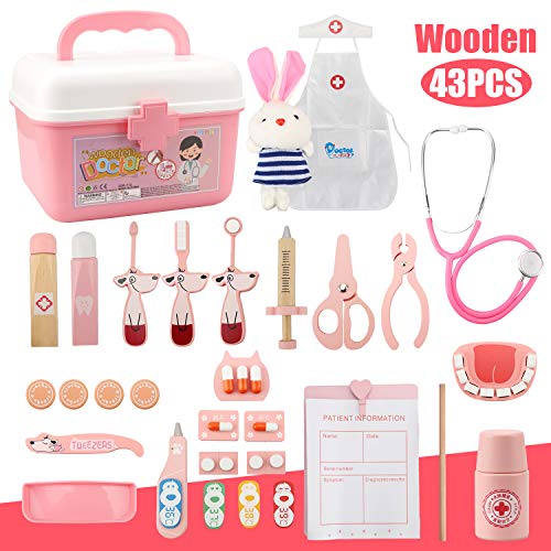 Vanplay Malette de Docteur Enfant avec Stéthoscope Rose Outil Médical Jeu Educatif pour Fille Garçon 3 4 5 Ans Jouet(43pcs)
