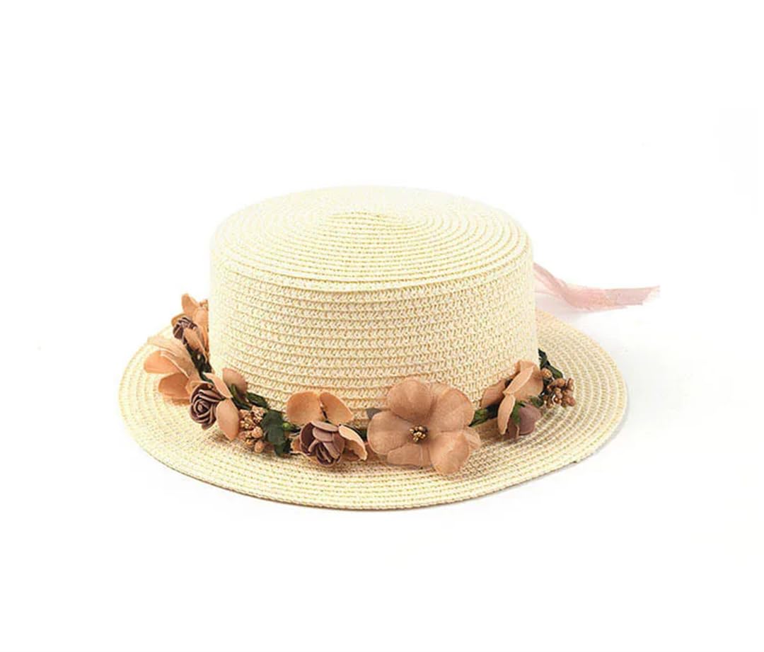 Sombrero para el Sol para Mujer, Sombrero de Cubo, Sombrero de Paja con Parte Superior Plana y Lazo de Encaje Beige de Verano (21244 Mujeres 56, Talla única 58 cm)