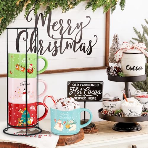 Image of Set of 4 Stackable Christmas Mugs, 15.8 Oz Coffee Mug With Stand, Holiday Hot Cocoa Mugs for Mom Family Colleagues Friend & Farmhouse Cocoa Tray Decor