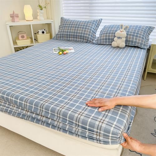 FANSU Sabana Bajera Microfibra, Rayas a Cuadros Sabana Bajera Ajustable Suave Cómoda y Transpirable, Individual & Doble Cama Juego de Sabanas para Colchón de 5-25cm (Azul Grisáceo,180x200+30cm)