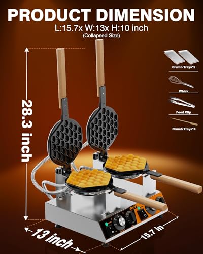 Image of PYY Bubble Waffle Maker - Commercial Hong Kong Egg Waffle Maker, Double Head, 180 Rotate, Non-Stick Plate, 50-250℃ Adjustable Temp, 0-5Min Timer, Bubble Waffle Machine for Commercial Use, 3100W