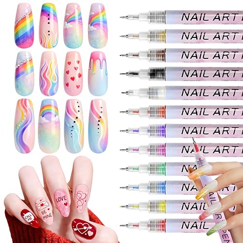 12 Color Nail Art Pens, 0.5 MM 3D Nail Polish Pens Set Drawing Painting Point Liner Acrylic Painted Pen Kit, Waterproof and Quick-drying Nail for DIY Nails Art Design Manicure Tools