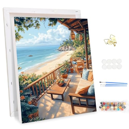 MEIYUDA Pintar por Numeros Adultos con Marco Vistas al Mar, Flores DIY Painting by Numbers Kits Cuadros por Numeros, Pintura de Bricolaje Sobre Lienzo con Pinceles Decoración para el Hogar 30x40cm