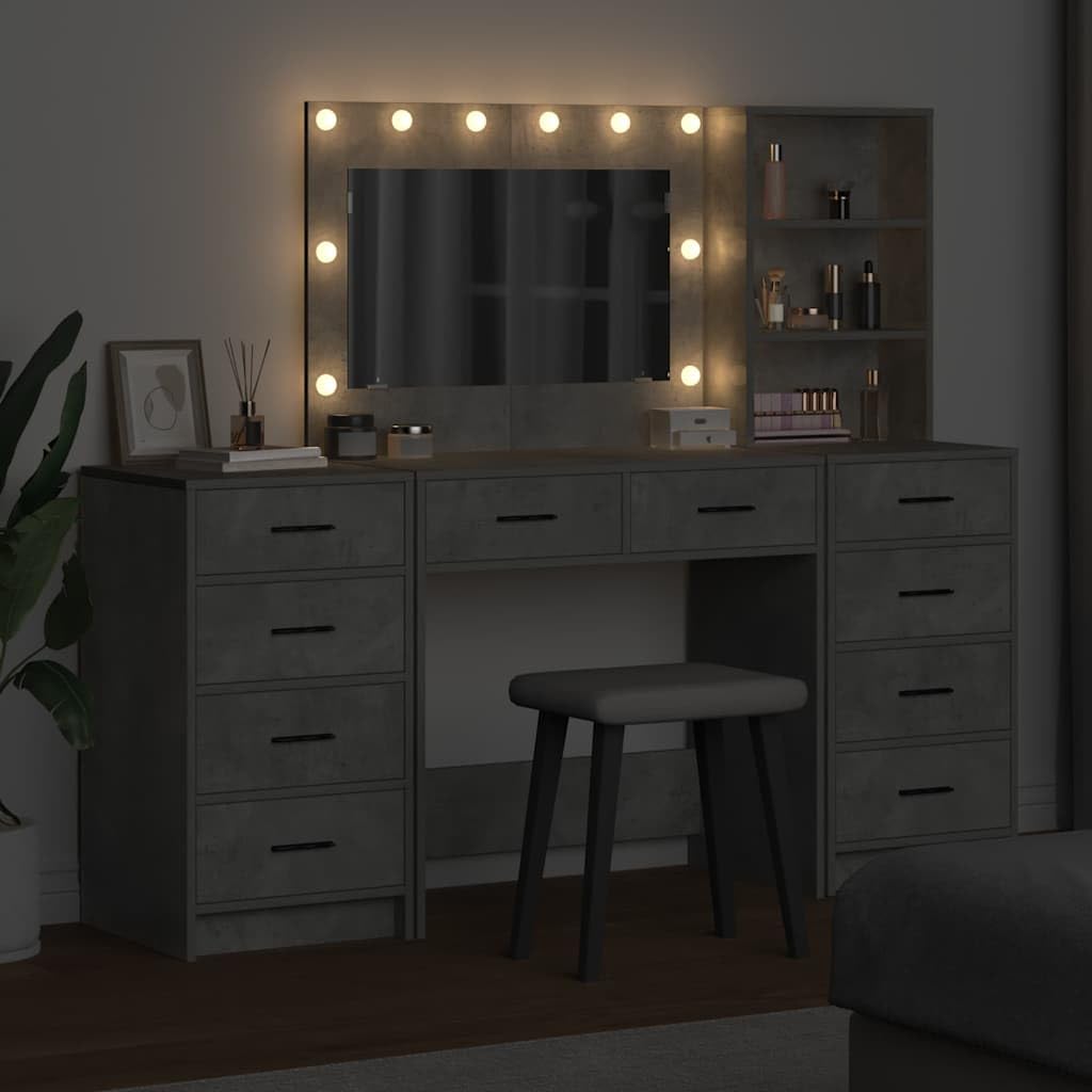 Tocador con espejo y 10 cajones de hormigón gris de madera 78,5 x 41 x 135 cm, 3 piezas con iluminación LED y armario alto para dormitorio, salón de belleza y peluquería