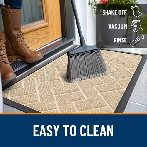 Image of OLANLY Front Door Mat Indoor Outdoor Entrance, Waterproof All-Season, All-Weather Doormat, Sturdy Natural Rubber, Low Profile, Easy Clean Patio Porch Entryway Mat, Herringbone Brick (Beige, 59x23)