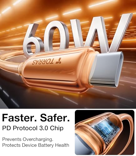 TORRAS USC C to USB C Cable (60W 4FT), Military Grade Tested USB C Charger Cable (Cosmic Orange) - image 2