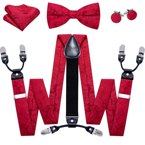 Image of YOHOWA Men Suspenders 6 Clips Strength Adjustable Y Braces Pre-Tied Bow Tie Set Formal Wedding Party