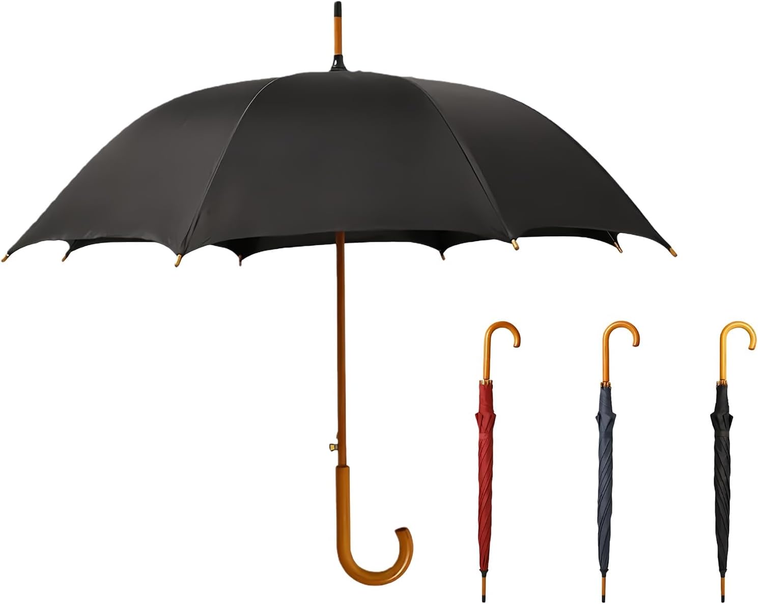 Large Windproof Umbrella, Wooden J-Shaped Handle Umbrella for Rain, Vintage, Waterproof, Sun UV Protection, 8-Rib, Classic Stick Umbrella for Commuting, Travel, Wedding