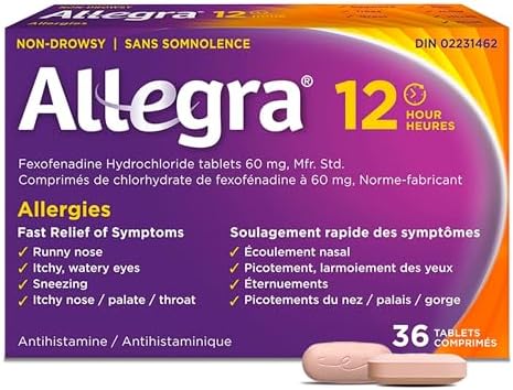 Allegra 12 Hour Allergy Medication, Non Drowsy, Fast, Multi-Symptom Allergy Relief Medicine for Sneezing, Runny Nose, Itchy/Watery Eyes, Throat or Palate, Fexofenadine Hydrochloride 60 mg, 36 Tablets
