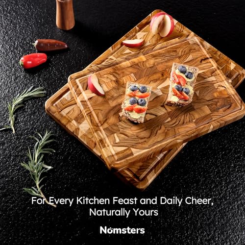 Set de 2 tablas de cortar de madera de teca con patas antideslizantes y ranuras para jugos miniatura 3