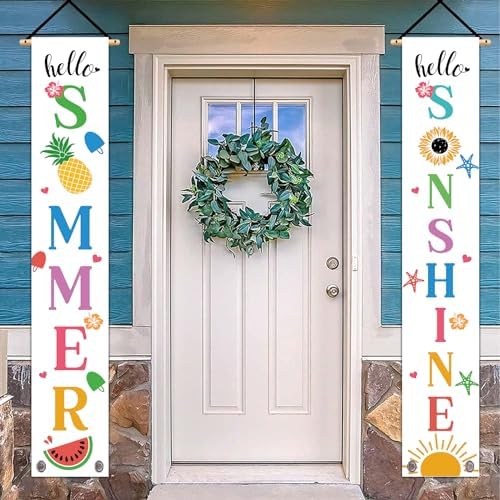 2-Piece Welcome Summer Door Banner - Hawaiian Tropical Porch Decor With Hibiscus Flowers