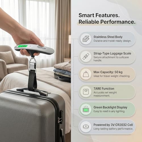 Image of Themisto TH-WS09 Digital Travel Luggage Scale, 50kg Capacity, Tare & Hold Functions, Silver