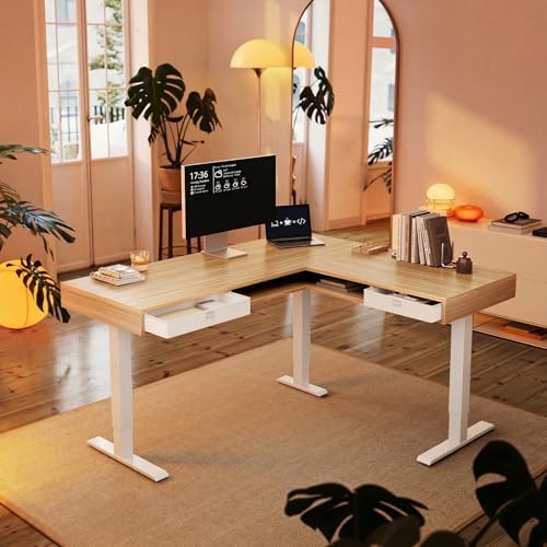 HUANUO Electric L Shaped Standing Desk, 63″ Height Adjustable Corner Standing Desk with 2 Under Desk Drawers & Open Storage Sapce, Stand Up Table with Power Strip Tray & Cable Grommets, Light Walnut - Thumbnail 2