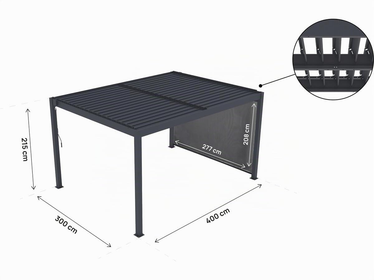 Pergola bioclimatique avec LED et Store en Aluminium Windsor Premium - 3 x 4 m - Gris