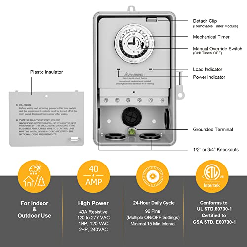 Suraielec AUB09H27KZGF Pool Timer, 24-Hour Cycle Mechanical Timer Switch, 40 Amp, 2Hp, 120, 240, 277 Vac, Outdoor Indoor Heavy Duty Pool Controller Timer Box For Pool Pump, Water Heater thumb #1