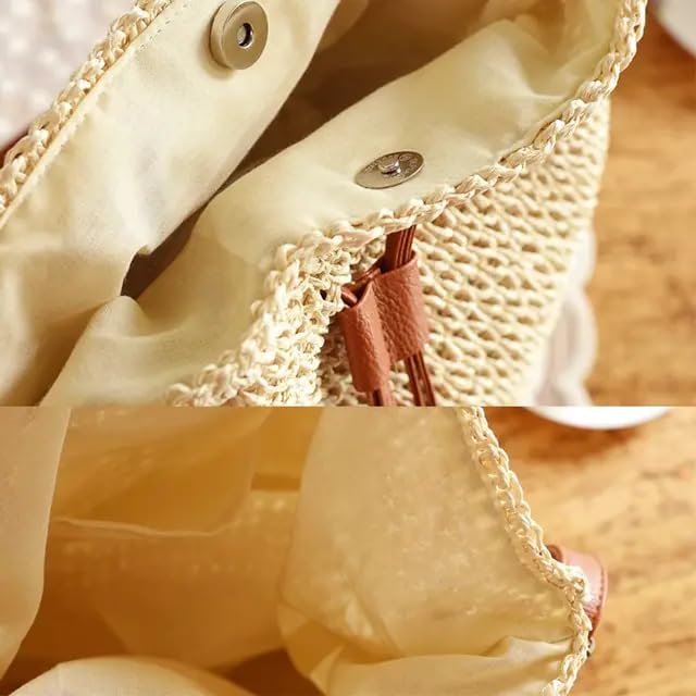 Image of MAIRO LIFESTYLE Straw Wicker Handmade Boho Summer Beach Drawstring Tote Bag