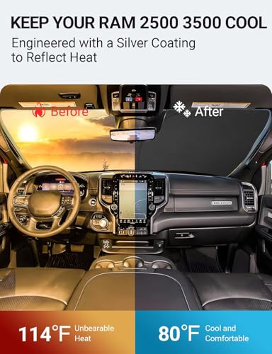 Image of Proadsy 2026 Upgrade Windshield Sun Shade Custom Fit Dodge RAM 2500 3500 2010-2025 2026 4-Layer Foldable Front Sunshade Protector Sun Visor Blocks UV Rays Keep Car Cooler