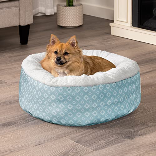 Image of Furhaven 23 inch Round Donut Dog Bed for Indoor Cats & Small Dogs, Washable, For Dogs Up to 20 lbs - Plush & Diamond Print Donut Bed - Aqua, Small