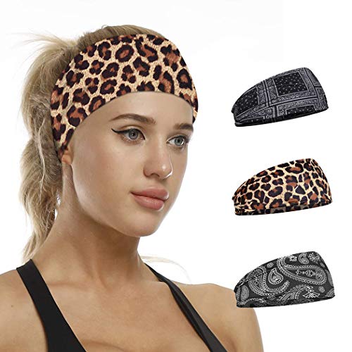 Woeoe Yoga African Turban Running Headbands Stylish Printed Leopard Black Hair Bands Elastic Wide Head Wraps for Women and Girls (Pack of 3)