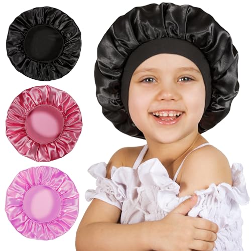 3 Pcs Bonnet for Kids Kids Bonnets for Girls Satin Silk Hair Bonnet for Sleeping Soft Wide Band Sleep Cap for Curly Hair Braids for Teens Child Toddler