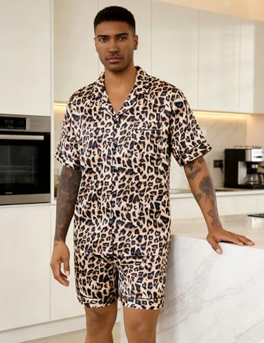 Image of SWOMOG Men Silk Pajama Set Short Sleeve Satin PJs Sets 2 Piece Button Down Sleepwear Soft Summer Loungewear with Pockets