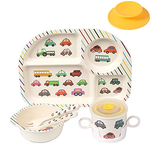 Shopwithgreen 5PcsSet Bamboo Kids Dinnerware Set - Children Dishes - Food Plate Bowl Cup Spoon Fork Set Dishware Cartoon Tableware Dishwasher Safe Kids Healthy Mealtime BPA Free Car