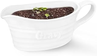 Qlans 18 oz Ceramic Gravy Boat with Dripless Spout - Large Porcelain Pitcher for Gravy Sauces Creamer, Microwave Dishwasher Safe, Ergonomic Handle