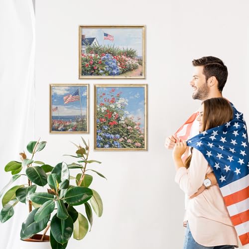 Image of JarThenaAMCS Patriotic Canvas Wall Art Prints Vintage Coastal Summer Wall Decor Wildflower American Flag Art Poster for 250th Anniversary 4th of July Independence Day Gallery Home Room (UNFRAMED)
