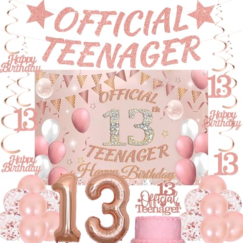 13th Birthday Decorations Girls Set - 25 Pcs Rose Gold Official Teenager Banner Bunting Hanging Swirls Streamers Number 13 Balloon 59*39 Inch Backdrop Confetti Latex Balloons for 13th Party Supplies