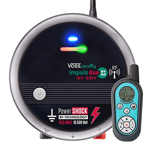VOSS.farming Electric Fence Energiser DUO DV160 RF | 12V Battery/Mains Radio Remote Controlled Fencer I 10 J, 10500 V | Range: 10 km | Powers up to 28 Nettings | Made in EU