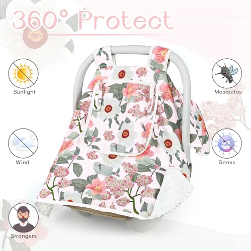Image of Baby Carseat Seat Cover Girls, Winter Carseat Canopy, Cozy & Warm Cover with Zipper Peep Windows, Infant Minky Carrier Cover, Soft Breathable, Baby Must Have, Retro Flower