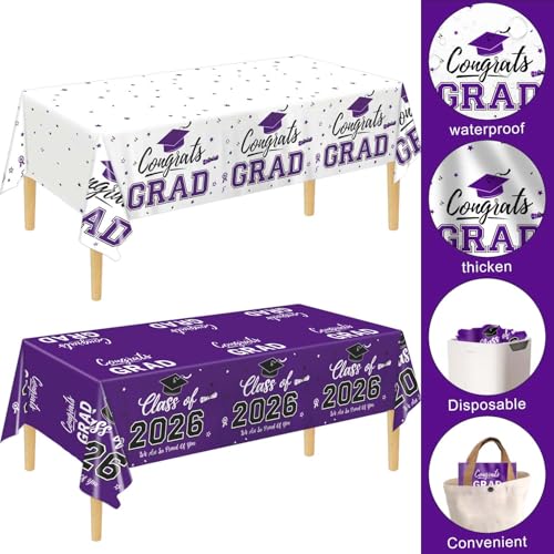 Image of Oigco 2026 Graduation Decorations, 2 Pack Purple Graduation Tablecloths Class of 2026, Congrats Grad Plastic Table Cloths for Graduation Party Decorations, 54 x 108 Inch