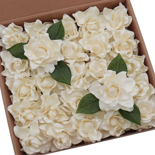 D-Seven Artificial Flowers 25pcs Cream Gardenia Flowers with Stem for