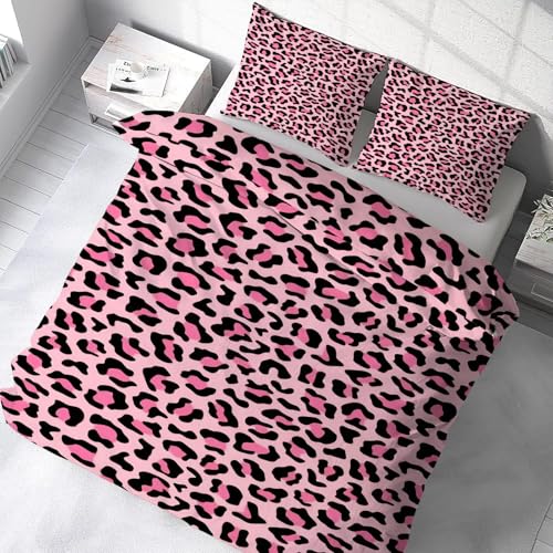 Housse de couette 90x190 imprimé léopard rose et 2 taies d'oreiller douces anti-glisse Kg806