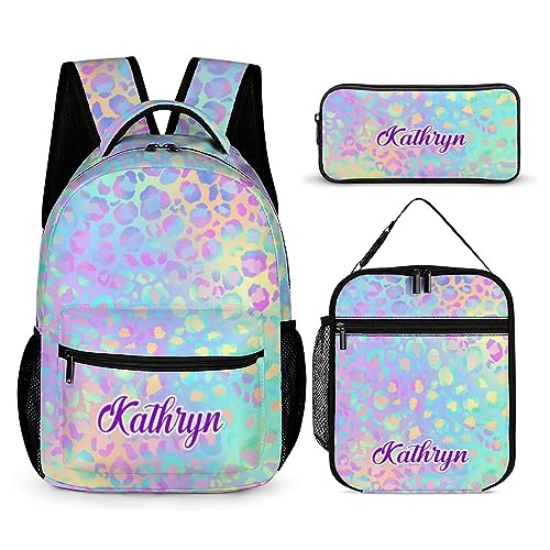 SweetJECCU Mochila de borboleta personalizada com lancheira e conjunto de estojo, conjunto de 3 mochilas escolares personalizadas, Arco-íris, L