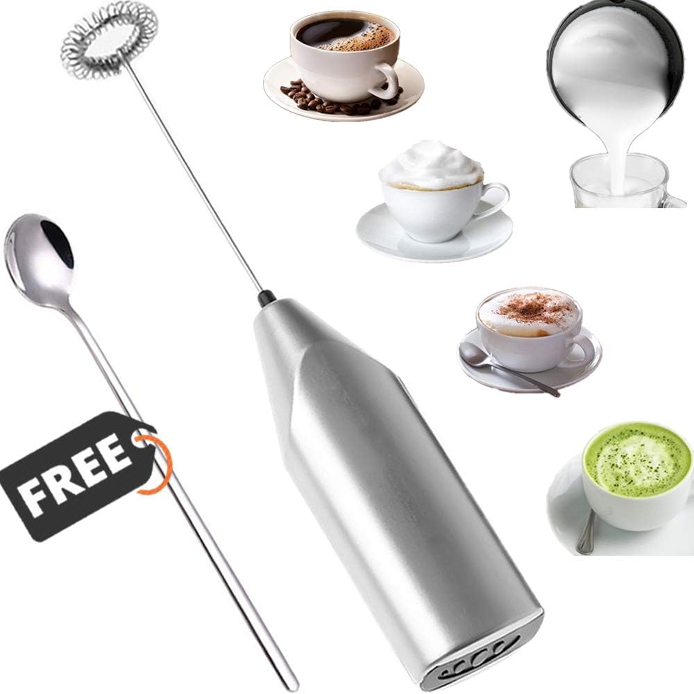 Milk Frother Handheld, Foam Maker for Milk, Coffee, Latte, Cappuccino, and Matcha, Hot Chocolate Maker, Battery Operated Drink Mixer with Stainless Steel Whisk, Silver