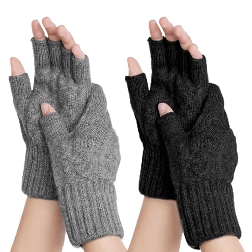 cnomg 2 Pairs Fingerless Gloves for Women Men Half Finger Winter Knitted Gloves for Typing Driving Biking Working Running