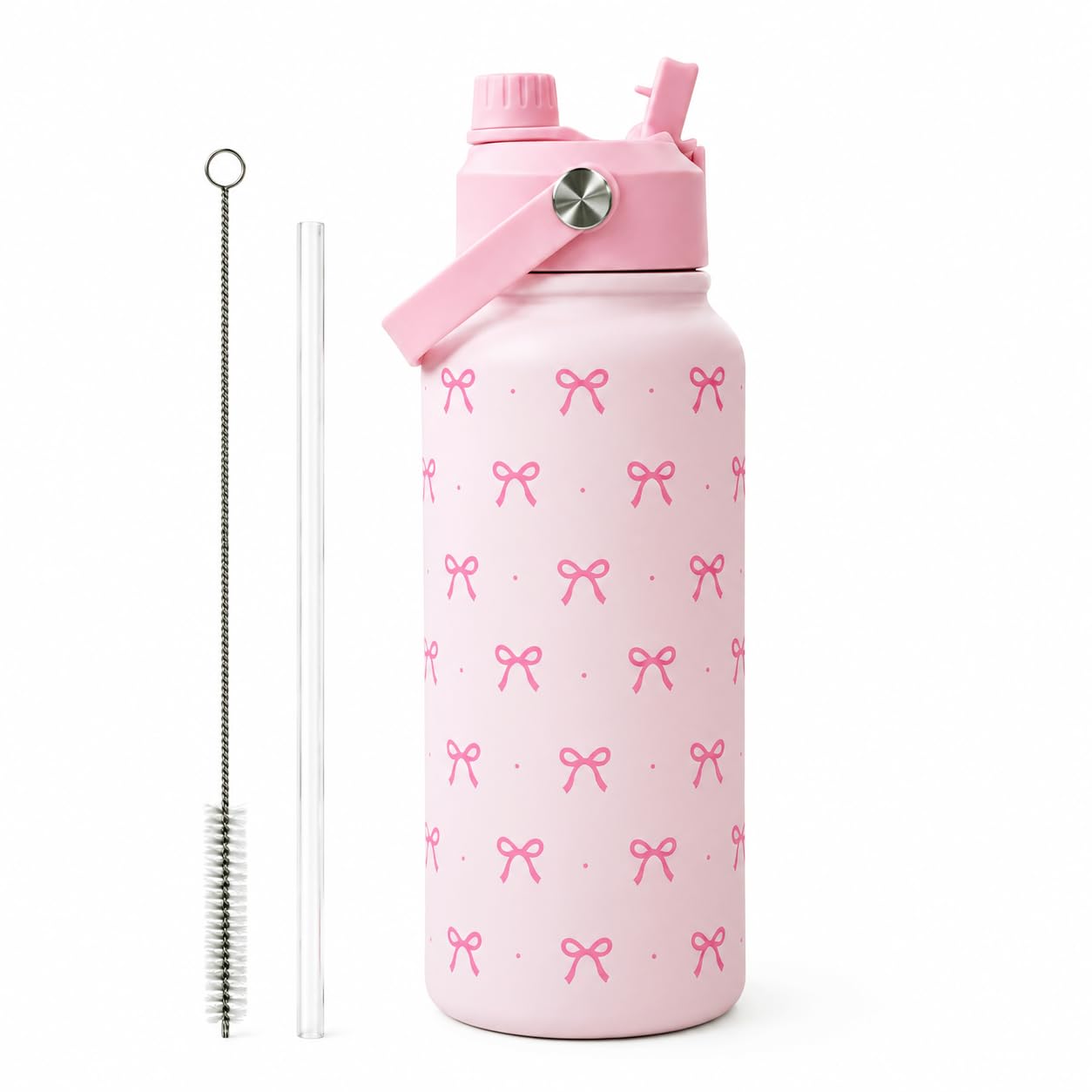 Hemoravoma 1L Pink Bow Water Bottle, 2-in-1 Lid Insulated Water Bottle