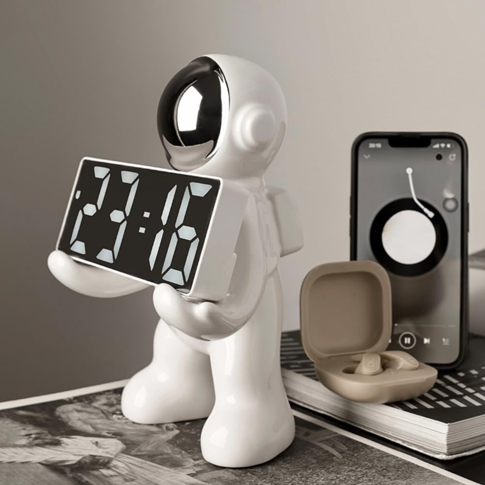 Astronaut Modeling LED Clock Alarm Clock Temperature Meter Home Office Desktop Decorations (White)