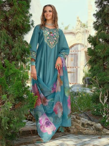 Image of INDO ERA Women's A-Line Cotton Blend Floral Embroidered Kurta & Pant With Dupatta Set (IEOUT11375)