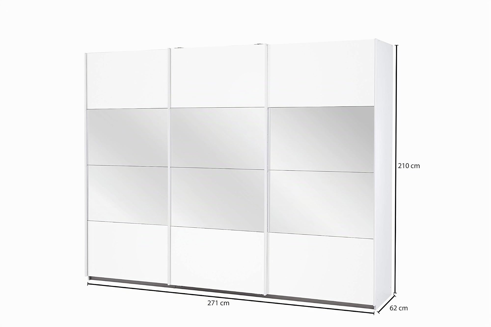 Rauch Möbel Quadra - Armario de 3 Puertas con Espejo, Incluye Accesorios Classic con 3 Barras para Ropa, 5 estantes y 1 Barra de Ganchos, Color Blanco Alpino, 271 x 210 x 62 cm
