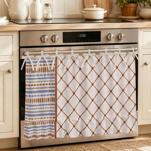 Neutral Geometric Oven Skirt Curtain for Kitchen Decor, Rustic Brown Diamond Grid Blue Striped Block 30"x21.5" Stove Cover with 8 Ribbon Ties, Decorative Appliance Skirts for Oven, Dishwasher