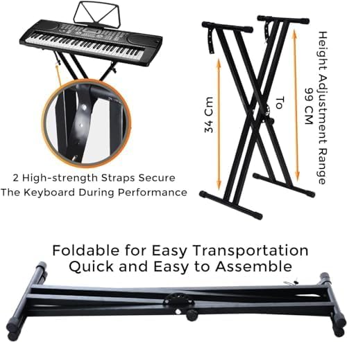Powerpak KB-SX Keyboard stand Heavy-Duty, Double-X, Adjustable Piano Keyboard Stand with Locking Straps (3kg-Dual Braced), Black