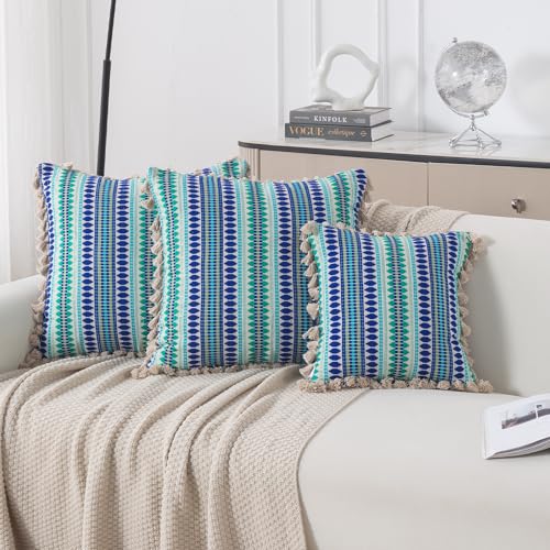 Image of HOKIPO 'Artisan Boho Series' Sofa Cushion Covers | 450 GSM Cotton Acrylic Jacquard | Tassel Design | 22x22 Inch (55x55 cm) | Pack of 2, Royal Blue (IN-906-A2*2)