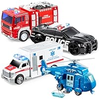JOYIN 4er Pack Reibungsgetriebenes City Hero Spielzeug mit Feuerwehrauto, Krankenwagen, Polizeiauto und Hubschrauber-Einsatzfahrzeugen mit Licht und Ton, Geschenk für Kinder Jungen