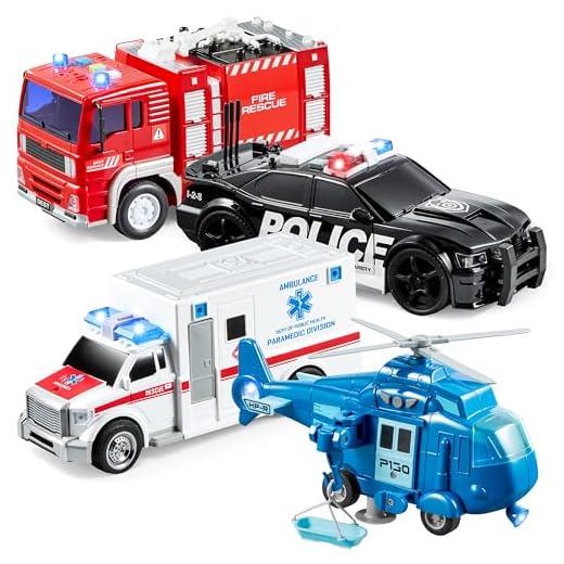 JOYIN 4 Packs Emergency Vehicle Toy Playsets, Friction Powered Vehicles with Light and Sound, Including Fire Truck, Ambulance Toy, Play Police Car and Toy Helicopter, Best Toddler Kids Boys Gifts